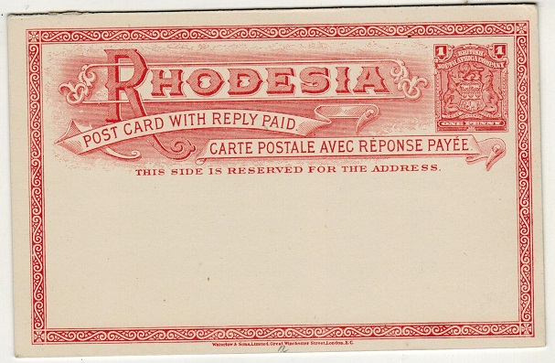 RHODESIA - 1899  1d+1d Brick red on white PSRC unused. H&G 12.
