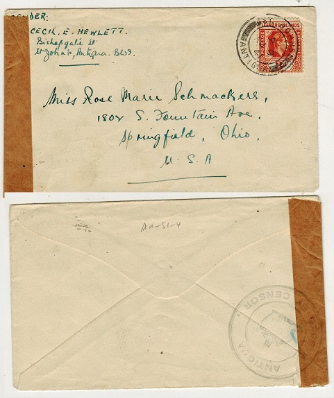 ANTIGUA - 1941 3d rate censor cover to USA.
