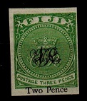 FIJI - 1876 2d on 3d yellow-green (SG 32) IMPERFORATE example.