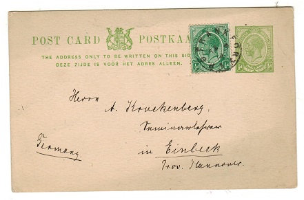 SOUTH AFRICA - 1913 1/2d yellow green PSC to Germany uprated and used at P.O.FRANKFORT.  H&G 1.