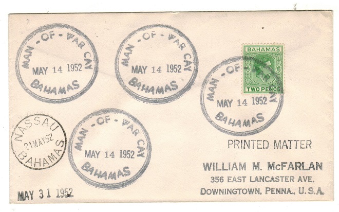 BAHAMAS - 1952 2d rate cover to USA used at MAN OF WAR CAY.