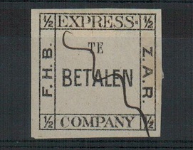 TRANSVAAL - 1887 1/2d black on white BAKKER EXPRESS label for BETALEN cancelled in manuscript. 