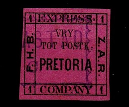 TRANSVAAL - 1887 1d black on rose BAKKER EXPRESS label for PRETORIA used.