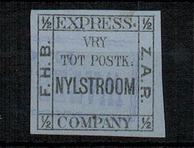 TRANSVAAL - 1887 1/2d black on azure BAKKER EXPRESS label for NYLSTROOM used.