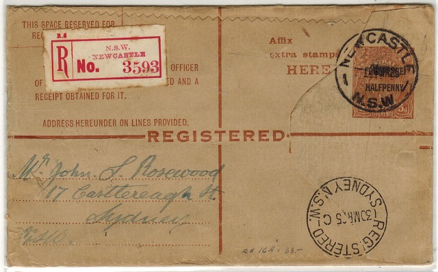 AUSTRALIA - 1923 4 1/2d on 5d brown RPSE used at NEWCASTLE/NSW.  H&G 19.