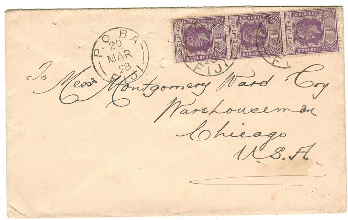 FIJI - 1928 3d rate cover to USA used at BA/FIJI.