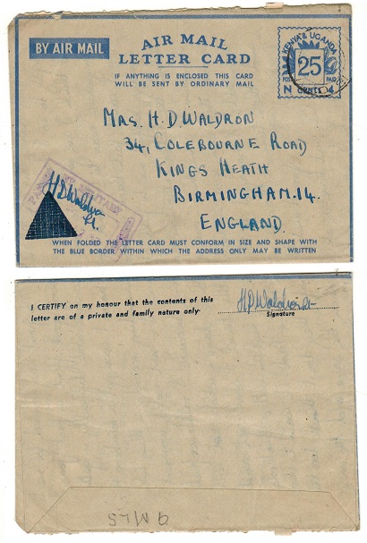 K.U.T. - 1944 25c blue censored LETTER CARD to UK used at EA/APO 81.