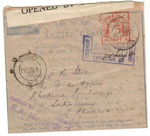K.U.T. - 1943 censored FORMULA letter card with 25c meter mark applied to S.Rhodesia from EA/APO 55.