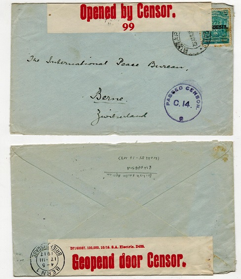 RHODESIA - 1917 2 1/2d rate censored cover to Switzerland used at RUSAPE.