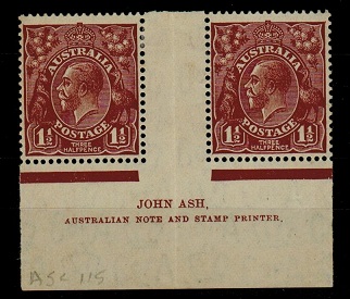 AUSTRALIA - 1936 1 1/2d red-brown JOHN ASH imprint pair. U/M.  SG 126.