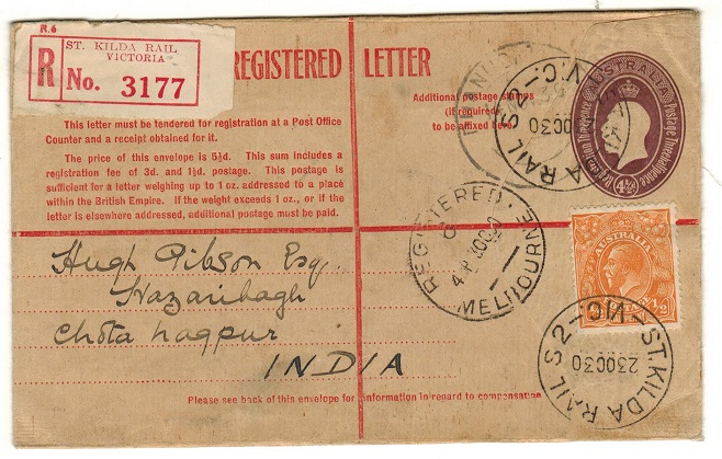 AUSTRALIA - 1928 4 1/2d violet RPSE to India uprated at ST.KILDA.  H&G 26.