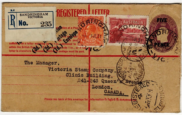 AUSTRALIA - 1930 5d on 4 1/2d violer RPSE to Canada uprated at SANDRINGHAM.  H&G 28.
