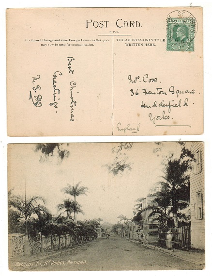 ANTIGUA - 1910 1/2d rate postcard use to UK used at ST.JOHNS.