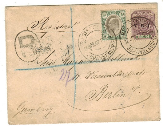 TRANSVAAL - 1902 6 1/2d rate registered cover to Germany used at JOHANNESBURG.