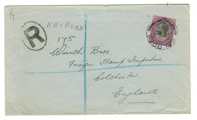 SOUTH AFRICA - 1925 6d rare registered cover to UK used at KEI ROAD.