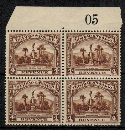 TRINIDAD AND TOBAGO - 1934 4c brown REVENUE mint block of four.