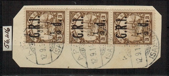SAMOA - 1914 1/2d on 3pfg brown used strip of three showing MISSING FRACTION BAR.  SG 101b.
