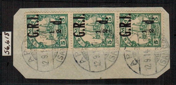 SAMOA - 1914 1/2d on 5pfg green used strip of three showing the MISSING FRACTION BAR.  SG 102a.