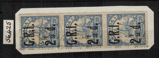 SAMOA - 1914 2 1/2d on 20pfg blue used strip of three showing the MISSING FRACTION BAR.  SG 104a.