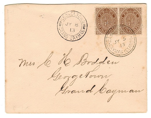 CAYMAN ISLANDS - 1913 scarce 1/4d (x2) local franking cover used at CAYMAN BRAC.