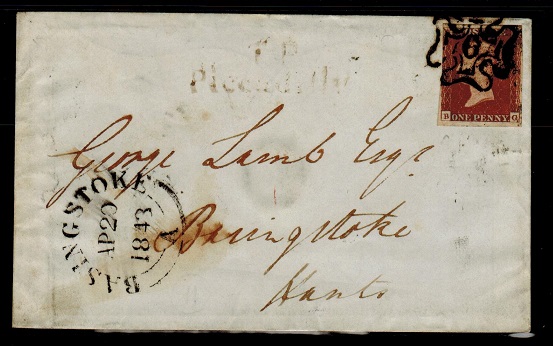 GREAT BRITAIN - 1843 1d red local cover with MALTESE CROSS/6 strike.  SG 10m.