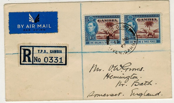 GAMBIA - 1942 2/6d rate registered cover to UK used at T.P.O.No.2/GAMBIA.