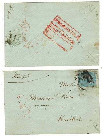 INDIA - 1855 local cover to Karikal struck by PONDICHERRY/BEARING h/s in red.