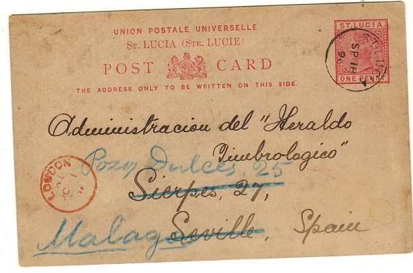 ST.LUCIA - 1883 1d rose PSC addressed to Spain.  H&G 2.