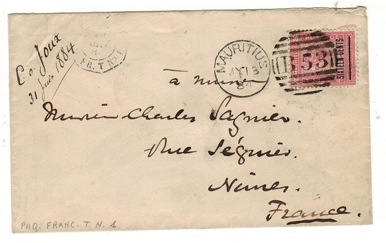 MAURITIUS - 1884 16c on 17c rose surcharge cover addressed to France.