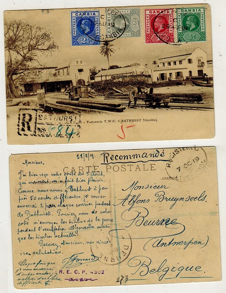 GAMBIA - 1919 registered use of postcard to Belgium.