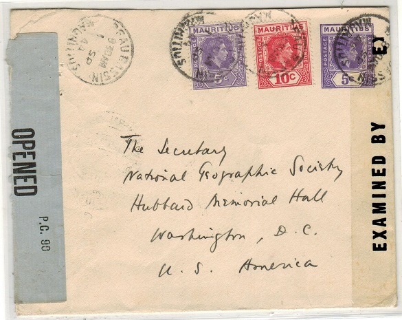 MAURITIUS - 1938 5c violet PSE censored and uprated to USA used at BEAU BASSIN. H&G 46. 