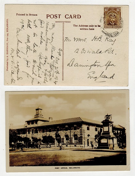 SOUTHERN RHODESIA - 1924 1 1/2d rate postcard use to UK used at BULAWAYO STATION.