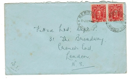 SOUTHERN RHODESIA - 1936 2d rate cover (fault)to UK used at BEMBESI.