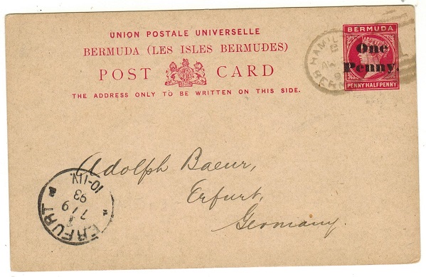 BERMUDA - 1893 1d black on 1 1/2d carmine PSC to Germany (no message).  H&G 7a.