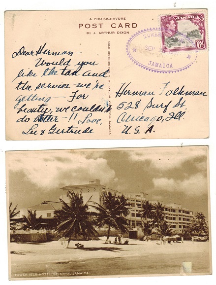 JAMAICA - 1949 6d rate postcard use to USA used at TOWER ISLE.