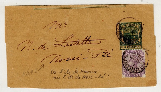 MAURITIUS - 1896 3c green postal stationery wrapper uprated to Nossi Be.  H&G 1.
