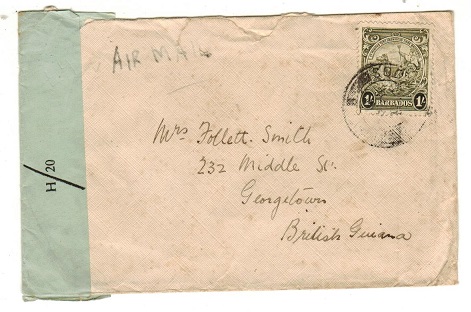 BARBADOS - 1942 1/- rate OPENED BY CENSOR h/20 censor cover to British Guiana.