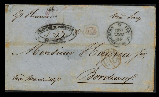 INDIA - 1855 stampless wrapper to France with BUREAU DE PONDICHERRY cds.