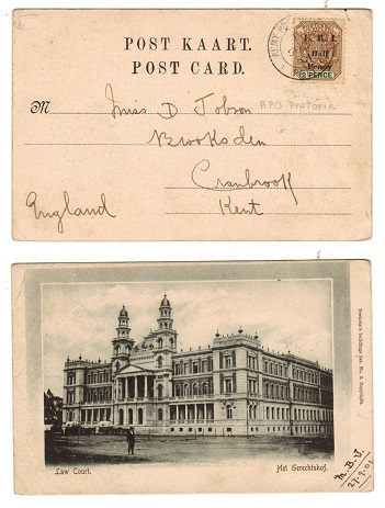 TRANSVAAL - 1901 1/2d on 2d surcharge adhesive on postcard to UK used at ARMY POST OFFICE/PRETORIA.