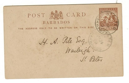 BARBADOS - 1892 1/2d brown PSC used locally from ST.PETERS.  H&G 8.