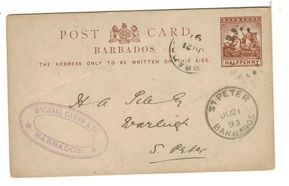 BARBADOS - 1892 1/2d brown PSC used locally with ST.PETERS arrival cds.  H&G 8.