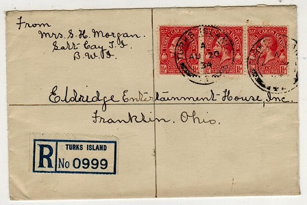 TURKS AND CAICOS IS - 1934 4 1/2d rate registered cover to USA.