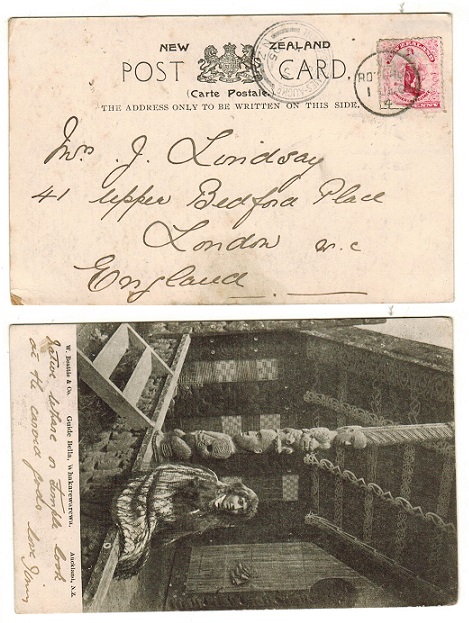 NEW ZEALAND - 1905 1d rate postcard use to UK used at ROTORUA with TRAVELLING PO THAMES strike.