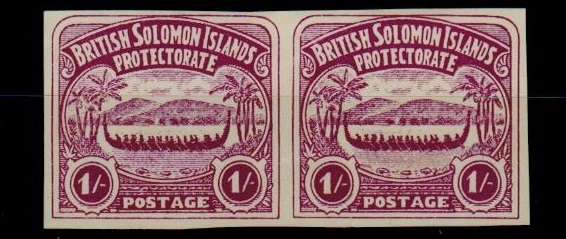 SOLOMON ISLANDS - 1907 1/- unofficial IMPERFORATE PLATE PROOF pair printed in bright purple.


