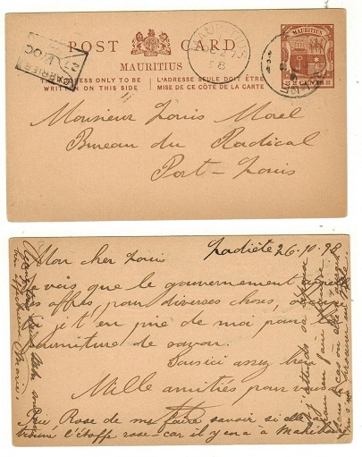 MAURITIUS - 1896 2c brown PSC used locally from ROSE BELLE.  H&G 8.