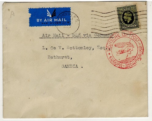 GAMBIA - 1938 inward Zeppelin post cover from UK via the experimental South American flight.