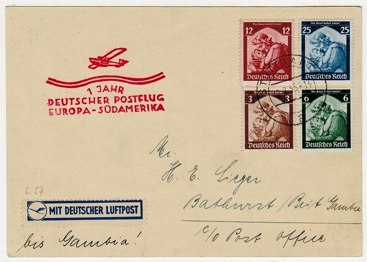GAMBIA - 1935 inward Graf Zeppelin flight cover from Germany.