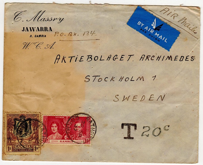 GAMBIA - 1937 cover to Sweden originating from Jawarra and underpaid.