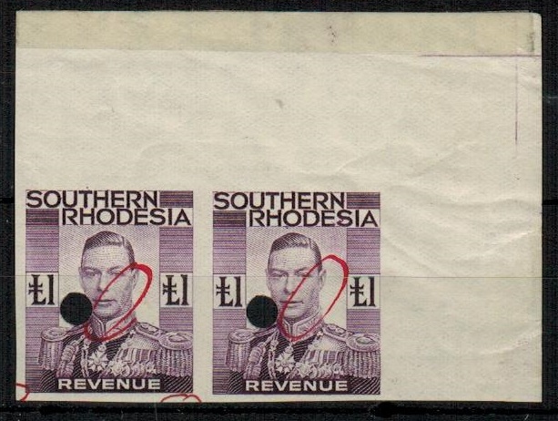 SOUTHERN RHODESIA - 1937 1 purple REVENUE IMPERFORATE PLATE PROOF pair.