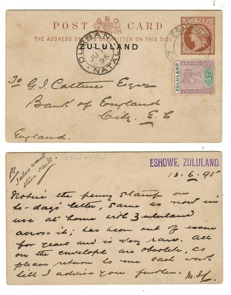ZULULAND - 1893 1/2d red-brown uprated PSC to UK used at ESHOWE.  